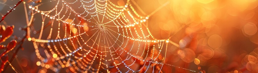 A spider's web glistens in the morning dew, backlit by the rising sun. - obrazy, fototapety, plakaty