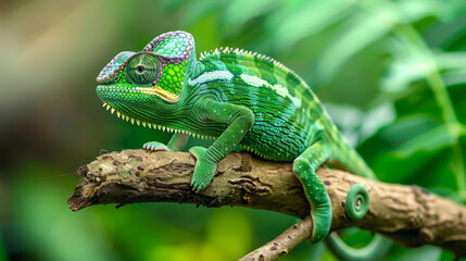 Fototapeta premium Green chameleon sitting on a branch