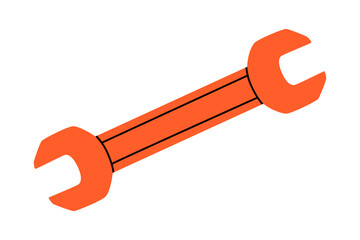 Hand drawn cute cartoon illustration of wrench or spanner instrument. Flat vector repair tool in colored doodle style. Support service hardware icon. Settings or fix problem. Find solution. Isolated.