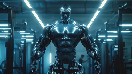 Fototapeta na wymiar Futuristic Mechanical Exoskeleton Enhancing Bodybuilders Form in HighTech Laboratory