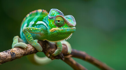 Green chameleon sitting on a branch