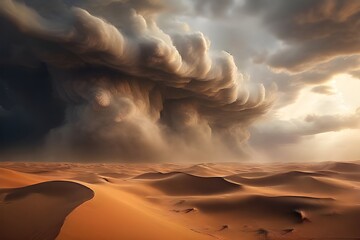 desert sandstorm, signifying the severe circumstances of arid regions A strong sandstorm is covering the horizon as it moves across a desert landscape.

