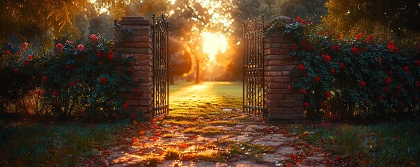 A beautiful sunset over a path leading to a gate in a stone wall.