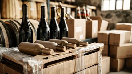 Distribution warehouse services stock imagery, strappings and plastic wraps, and corrugated cardboard wine holders, delivery services. - obrazy, fototapety, plakaty