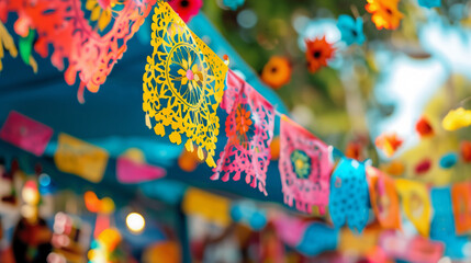 Colorful Papel Picado Decorations: Traditional Cinco de Mayo Festivities. Generative AI. - obrazy, fototapety, plakaty