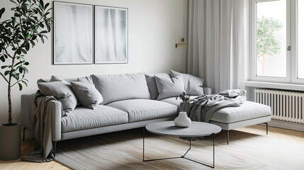 Cozy grey sofa with soft blanket and coffee table 