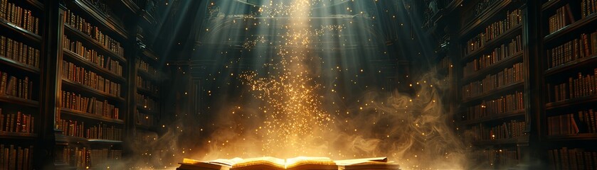 An open book with a beam of light shining down on it in a library - obrazy, fototapety, plakaty