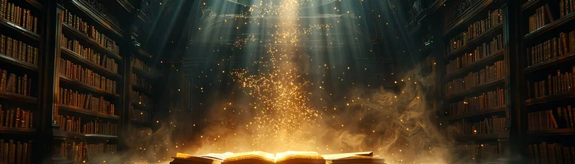 Poster An open book with a beam of light shining down on it in a library © Lucky_jl