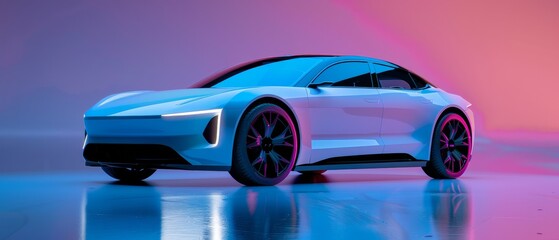 Modern Electric Car in Vibrant Neon Lights, Futuristic Vehicle Design on Reflective Floor