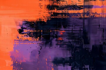 vibrant orange purple and black glitch art with grainy texture abstract background