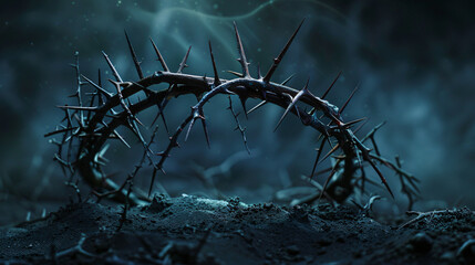 Crown of thorns with nails on dark background. 