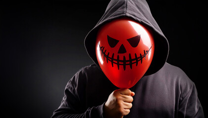 Close-up of a man holding a red balloon with a scary face hiding his face under hoodie, on a black dark background with copy space. Halloween and Grim reaper concept. Generative Ai.