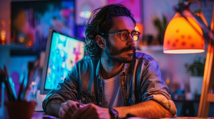 A man with long brown hair and glasses is sitting in a room with blue and orange lighting - Powered by Adobe