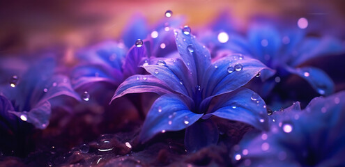 a close up of a flower with water droplets on it's petals and leaves in the background