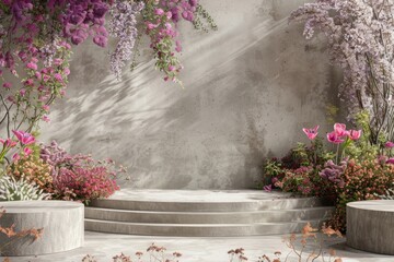 Product podium with spring flower garden architecture outdoors.