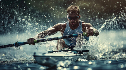 Portrait of a male athlete participating in canoeing or kayaking competitions at the Olympic Games, water sports. canoeing. - obrazy, fototapety, plakaty