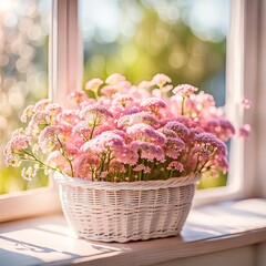 A white wicker basket filled with pink Queen Anne's Lace flower bouquet on a sunlit windowsill