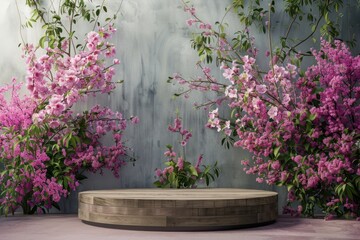Fototapeta na wymiar Product podium with spring flower nature garden plant.