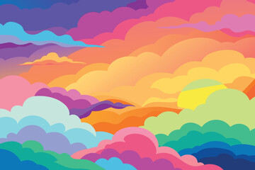 Colorful watercolor background of abstract sunset sky with puffy clouds in bright rainbow colors of pink green blue yellow and purple vector