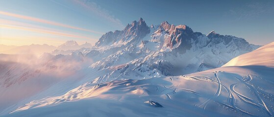 A majestic snowy mountain landscape viewed at sunrise