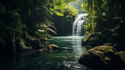 A lush waterfall hidden in a tropical jungle