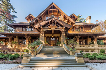 A historic Craftsman mansion restored to its former glory, with intricate woodwork, a grand staircase leading to the entrance, and a beautifully landscaped front yard. - Powered by Adobe
