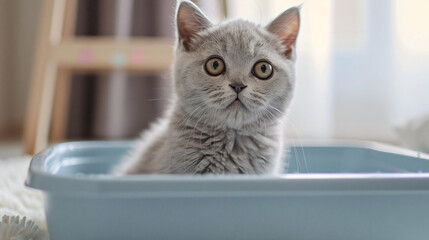 Cute British Shorthair cat in litter box at home