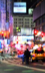 People, traffic lights and street with motion blur at night of busy road or cityscape in New York...
