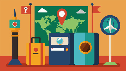 A photo booth with props such as fake passports maps and international landmarks where guests can take pictures to send to their new pen pals.