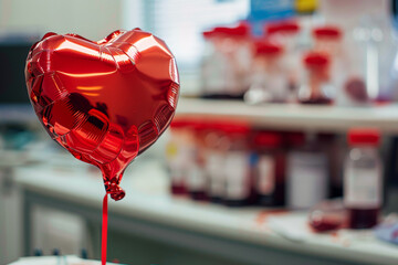 Abstract image of a heart-shaped red balloon on a blurry background in a hospital, 14 june, world blood donor day