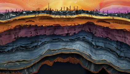 Schematic section of the bowels of the earth and mineral deposits in different levels of rock layers of liquid, mineral, metal ore. On the surface of the city