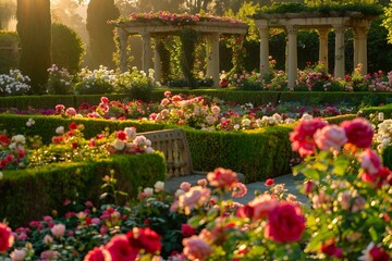 A romantic rose garden in the late afternoon sun petal - obrazy, fototapety, plakaty