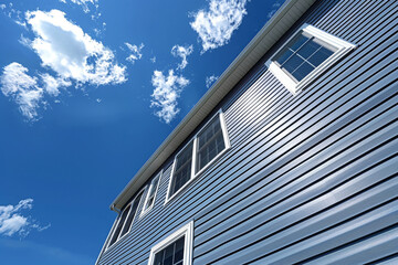 Rear deck perspective of a cool cobalt house with siding, showing the leisure side of suburban life, under a sunny blue sky. - obrazy, fototapety, plakaty