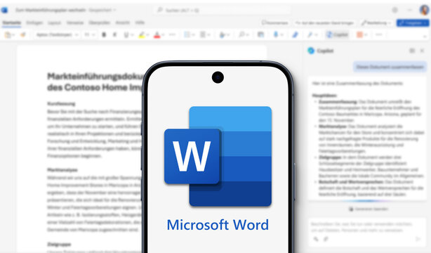 Microsoft Word Logo is displayed on a modern smartphone, application with typed text behind it, word processor, editing, dictionary, templates, layout, lists