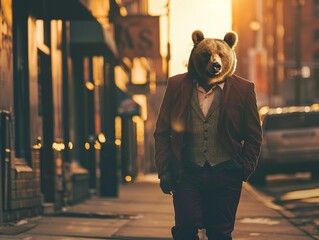 a handsome bear wearing a burgundy suit, proud, walking down the city street - obrazy, fototapety, plakaty