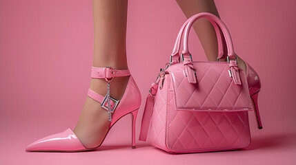 Elegant Pink Stiletto Shoes and Quilted Purse, Generative AI