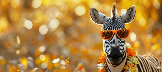 Obraz premium Stylish zebra in vibrant hawaiian shirt and trendy orange sunglasses for a fashionable look