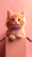 A small red kitten sits in a box on a pink background. Card for Valentine's Day, Women's Day, Birthday.