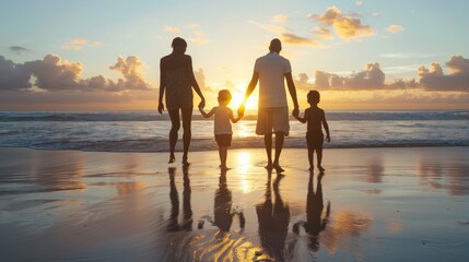A family of mixed races walking hand in hand, their silhouettes cast on the beach at sunrise