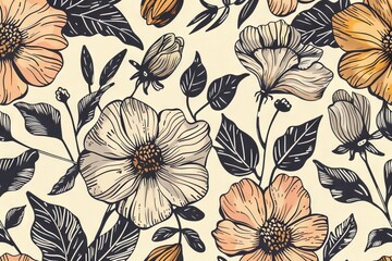 vintage floral pattern with handdrawn flowers and leaves retro botanical illustration