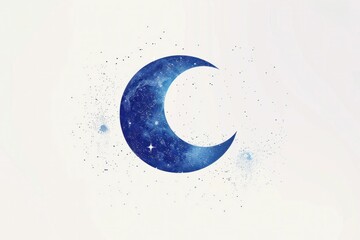 Blue Crescent Moon with Stars and Central Star on White Background, Celestial Night Sky Concept Illustration