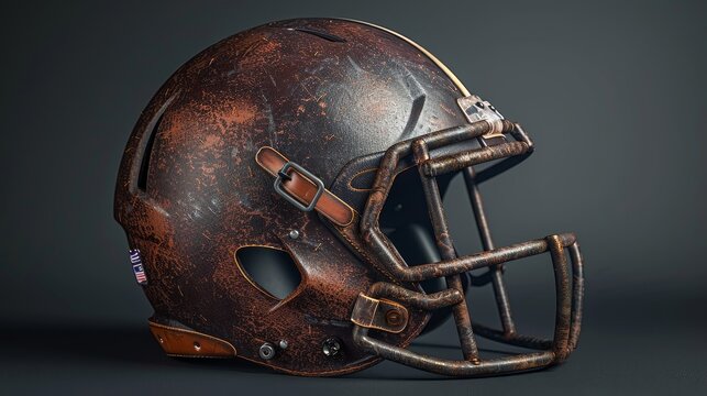A highly detailed 3D rendering of a vintage American football helmet made of leather with metal facemask on a dark background.