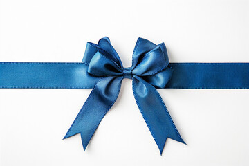 A satin blue bow tied on a ribbon against a white background.