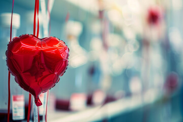 Abstract image of a heart-shaped red balloon on a blurry background in a hospital, world blood donor day, 14 june - obrazy, fototapety, plakaty
