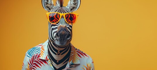 Naklejka premium Stylish zebra in vibrant attire with orange sunglasses and a colorful hawaiian shirt