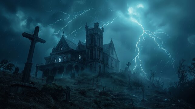 A haunted house on a stormy night.