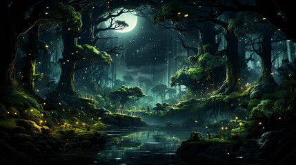 A dense, gradient-filled forest canopy illuminated by the soft glow of moonlight.