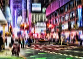 People, lights and street with motion blur at night of busy road or cityscape in New York City....