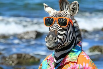 Fototapeta premium Zebra in trendy orange sunglasses and colorful hawaiian shirt, exuding style and flair