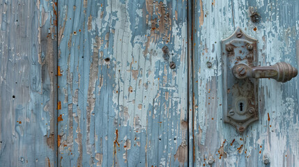 Rustic Charm, Weathered Wooden Door Background with Classic Handle and Distressed Frame